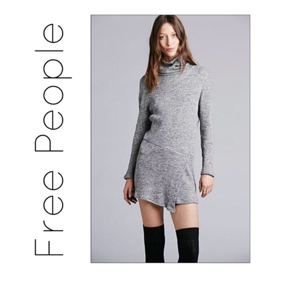 Free people grey ribbed cowl neck sweater mini dress